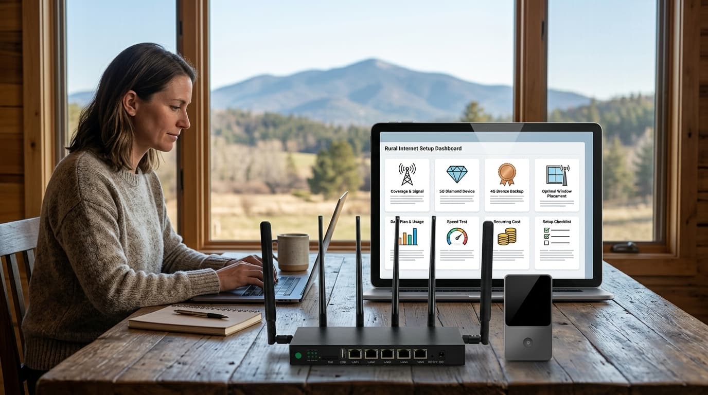SwiftNet rural home internet hero image with 5G Diamond router, 4G Bronze hotspot, cabin window, rural home workspace, coverage dashboard and setup checklist