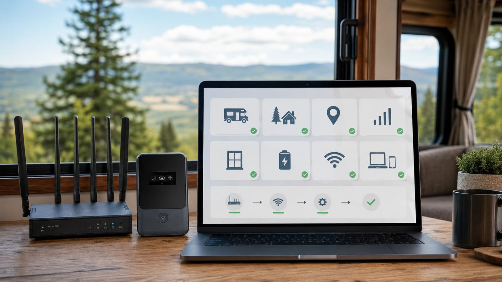 SwiftNet RV camping rural setup checklist with window placement, power, signal test, router, hotspot and laptop connection