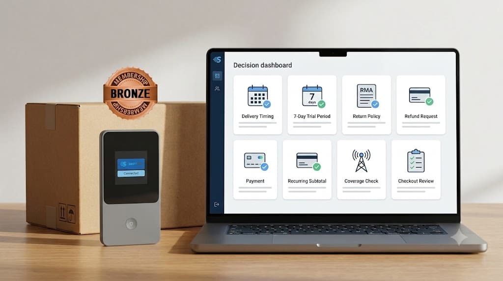 SwiftNet shipping quick verdict image showing delivery timing, 7-day trial from equipment delivery, device return, refund request, RMA and recurring subtotal checklist