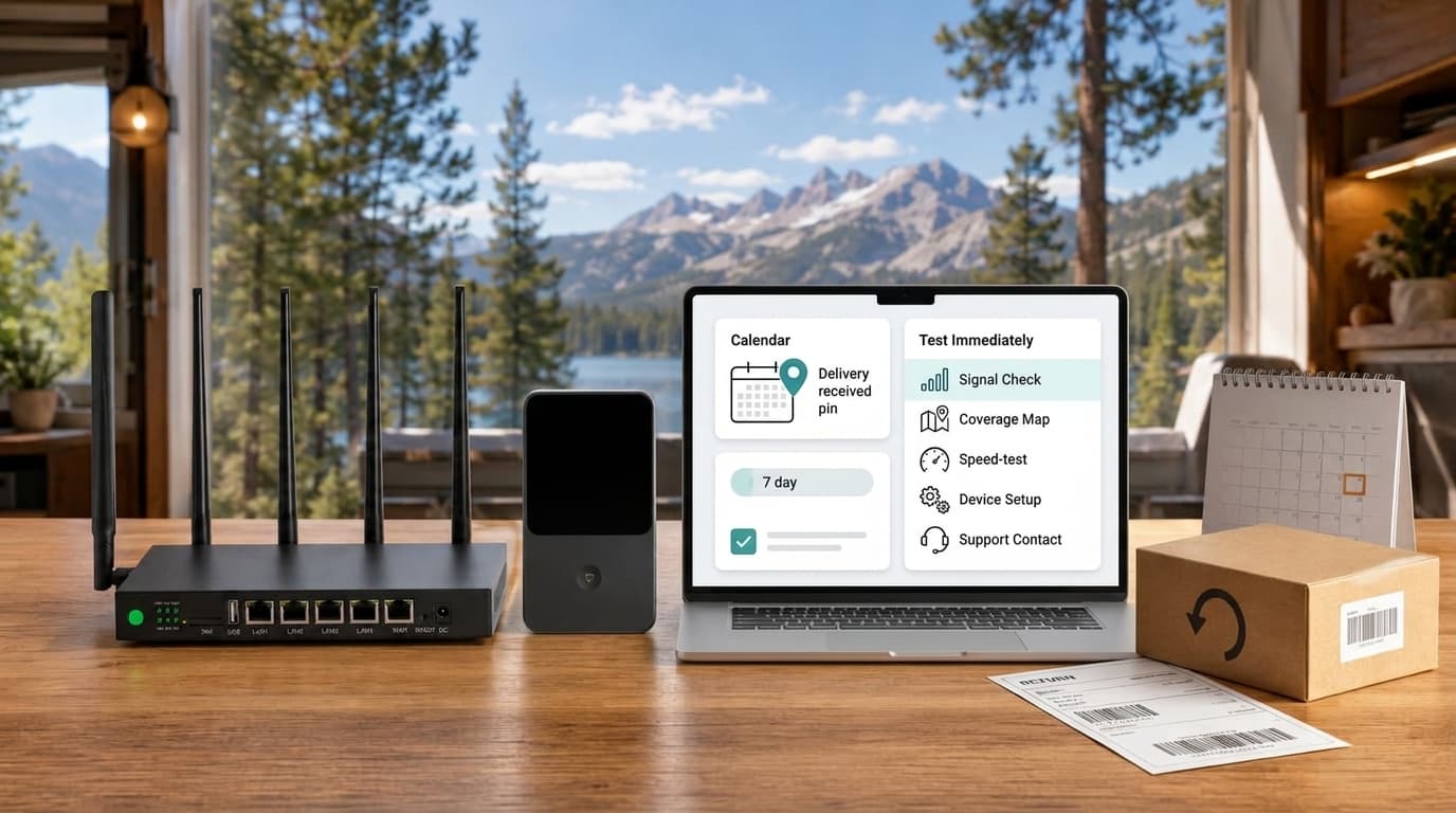 SwiftNet 7-day trial timing after delivery image showing equipment delivery date, tracking screenshot concept, calendar, router or hotspot setup and test immediately checklist