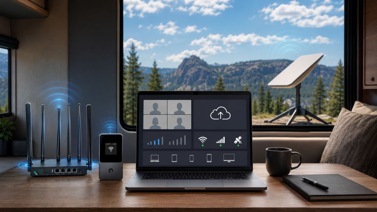 Starlink vs SwiftNet for remote work hero with RV laptop SwiftNet cellular router 4G hotspot and satellite dish