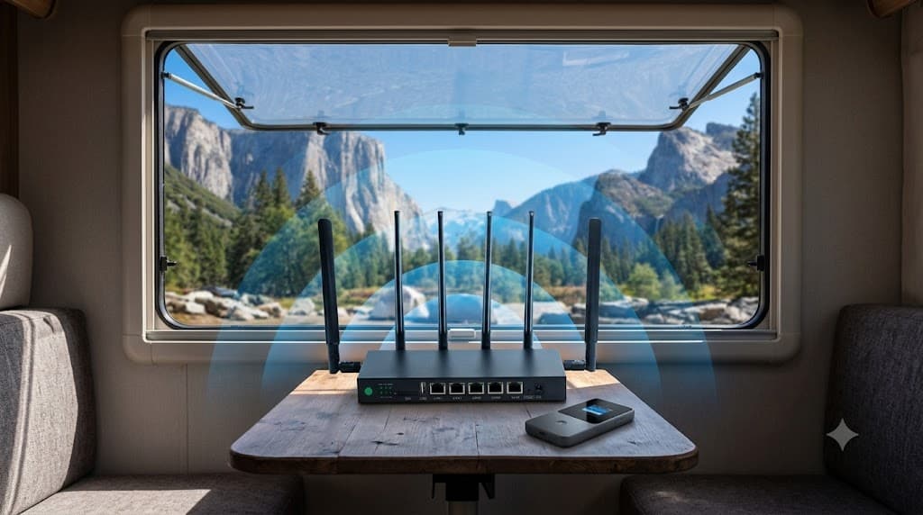 SwiftNet weak signal fix showing better router placement near RV window open campsite side and rural cabin workspace