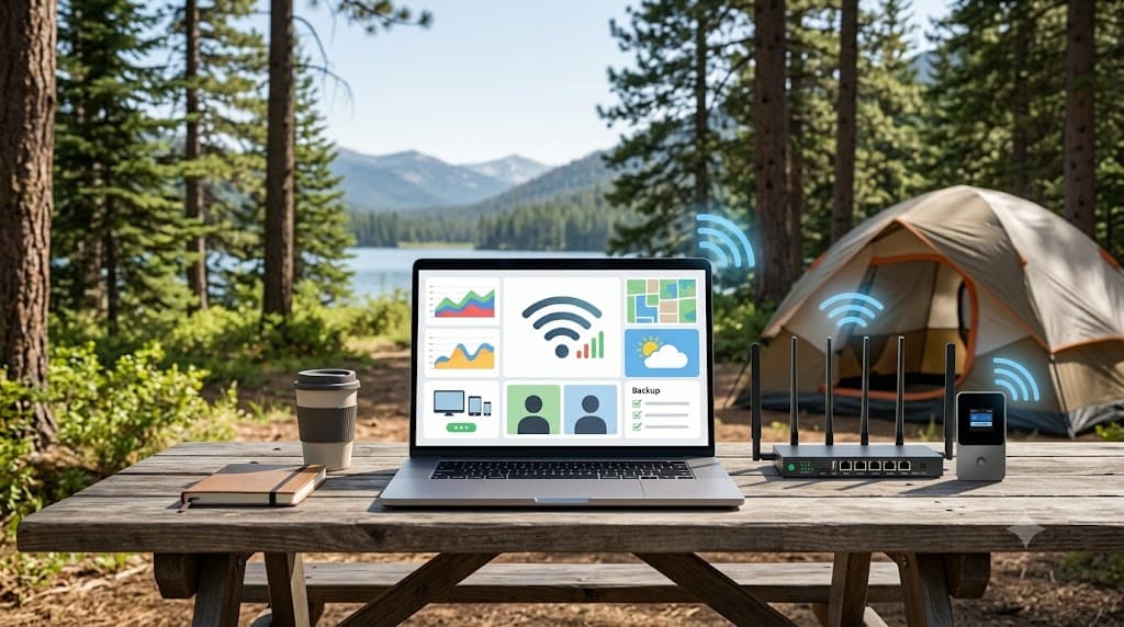 SwiftNet WiFi for camping hero with RV campsite, 5G Diamond router, 4G Bronze hotspot, laptop and campground backup internet setup