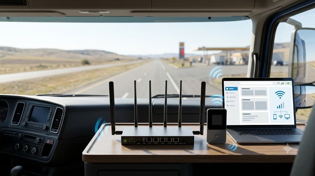 SwiftNet WiFi for truckers 2026 hero with 5G Diamond router 4G Bronze hotspot laptop and truck cab road internet setup