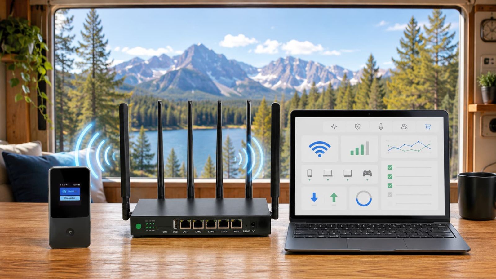 SwiftNet WiFi Problems & Fixes 2026 hero for RV rural troubleshooting with 5G Diamond router 4G Bronze hotspot and laptop dashboard