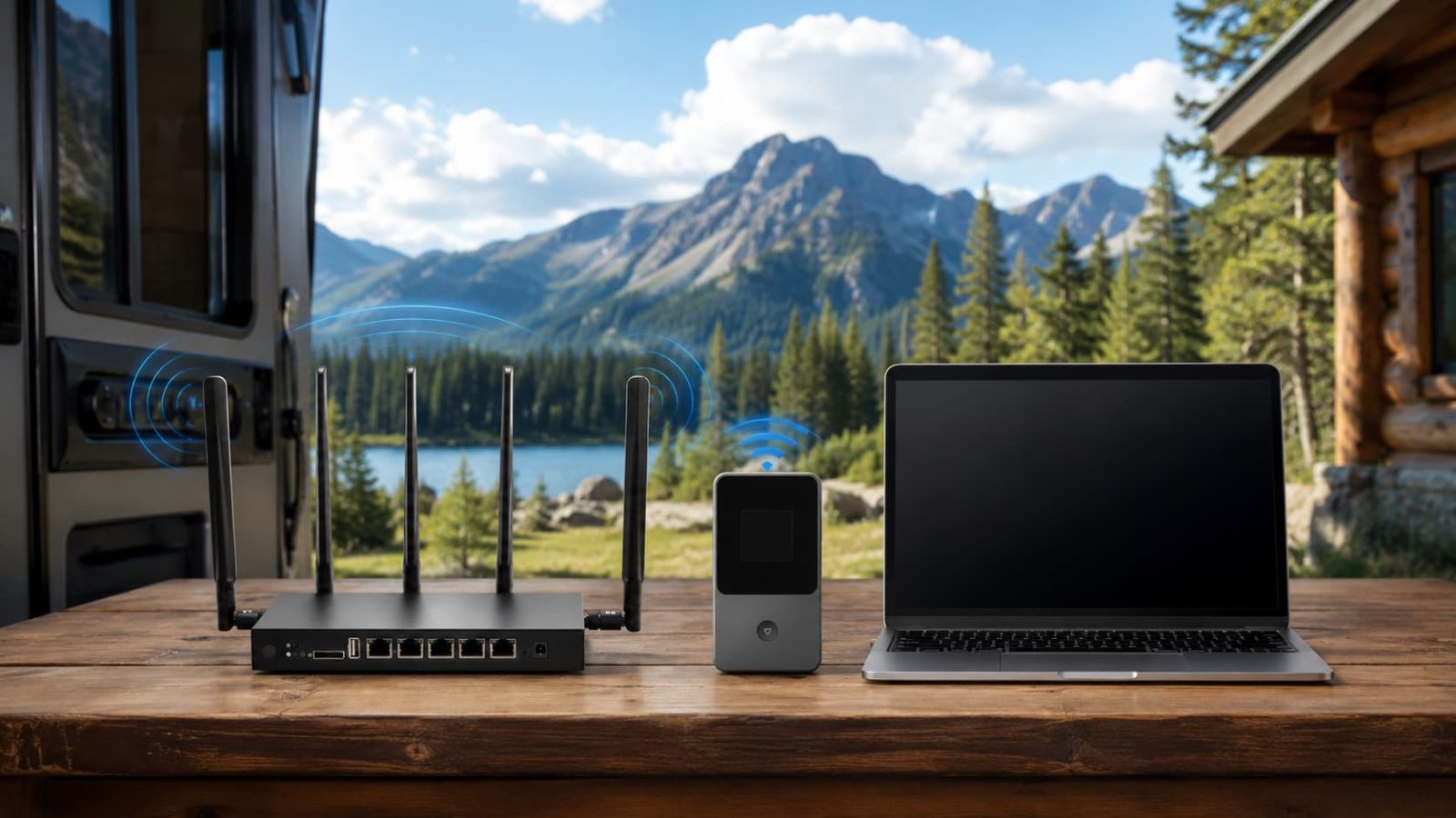 SwiftNet 5G Diamond router and 4G Bronze hotspot placed next to a laptop on an RV dinette table facing forward.