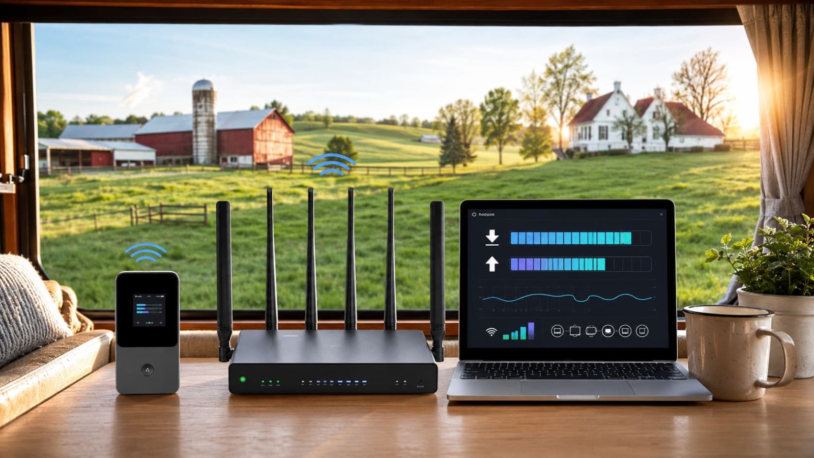 SwiftNet WiFi speed test hero with 5G Diamond router 4G Bronze hotspot laptop dashboard download upload latency and RV rural setup