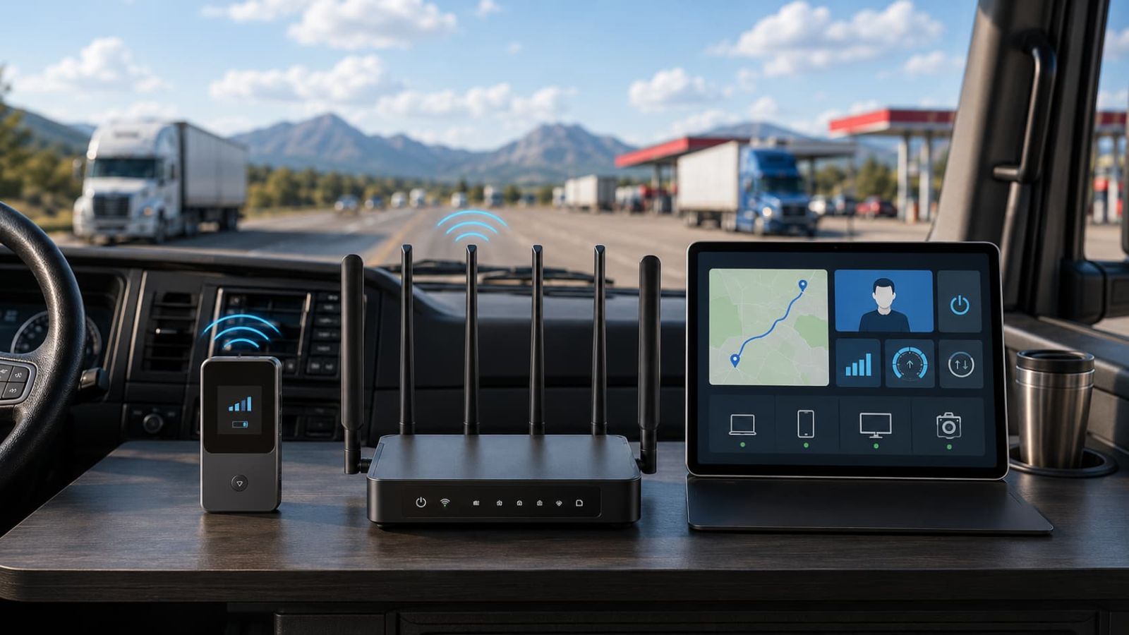 Trucker road internet setup with SwiftNet router hotspot laptop dispatch maps video calls and portable WiFi gear