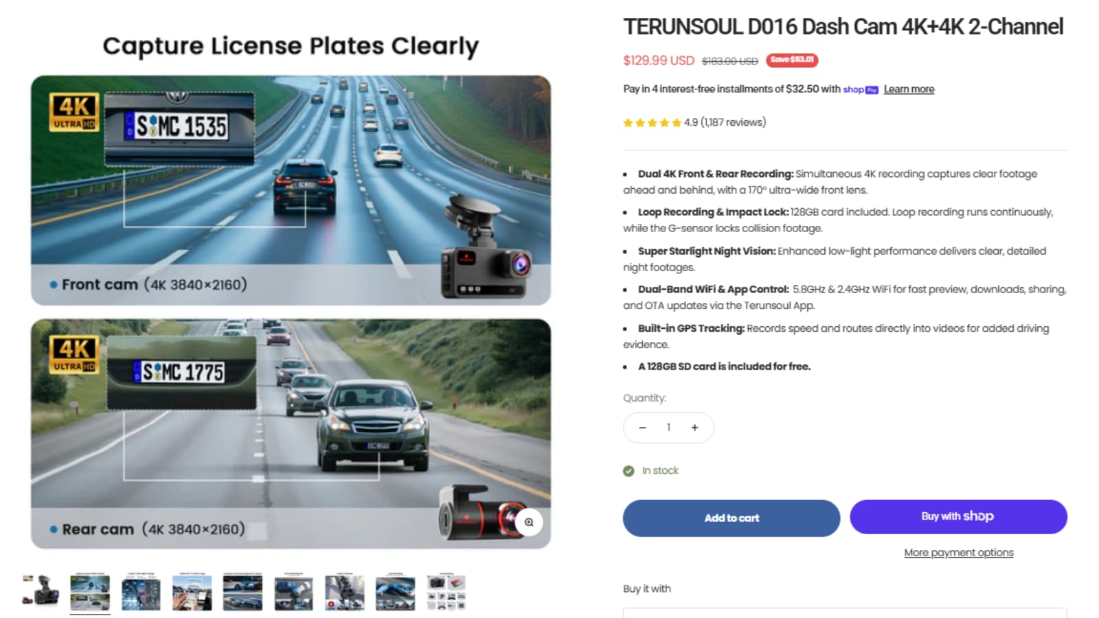 TerunSoul D016 Dash Cam 4K+4K 2-Channel Save $53.01 Deal TerunSoul D016 Dash Cam 4K+4K 2-Channel Save $53.01 deal thumbnail