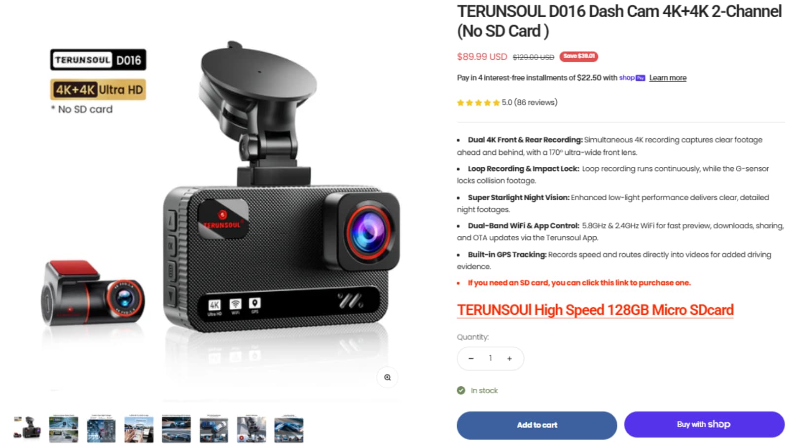 TerunSoul D016 4K+4K 2-Channel No SD Card Save $39.01 Deal TerunSoul D016 Dash Cam 4K+4K 2-Channel No SD Card Save $39.01 deal thumbnail