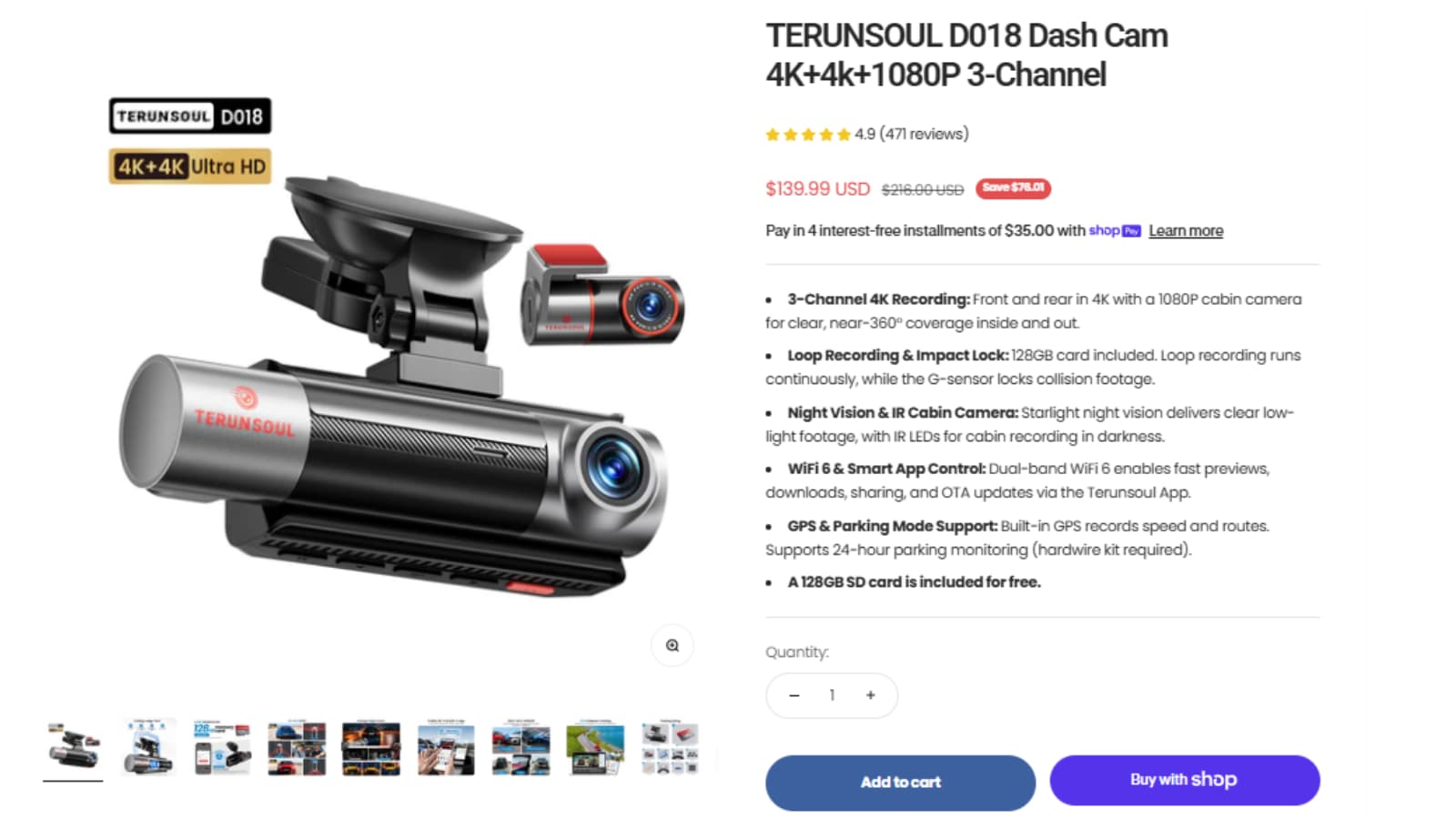 TerunSoul D018 Dash Cam Save $76.01 Deal TerunSoul D018 Dash Cam 4K+4K+1080P 3-Channel Save $76.01 deal thumbnail