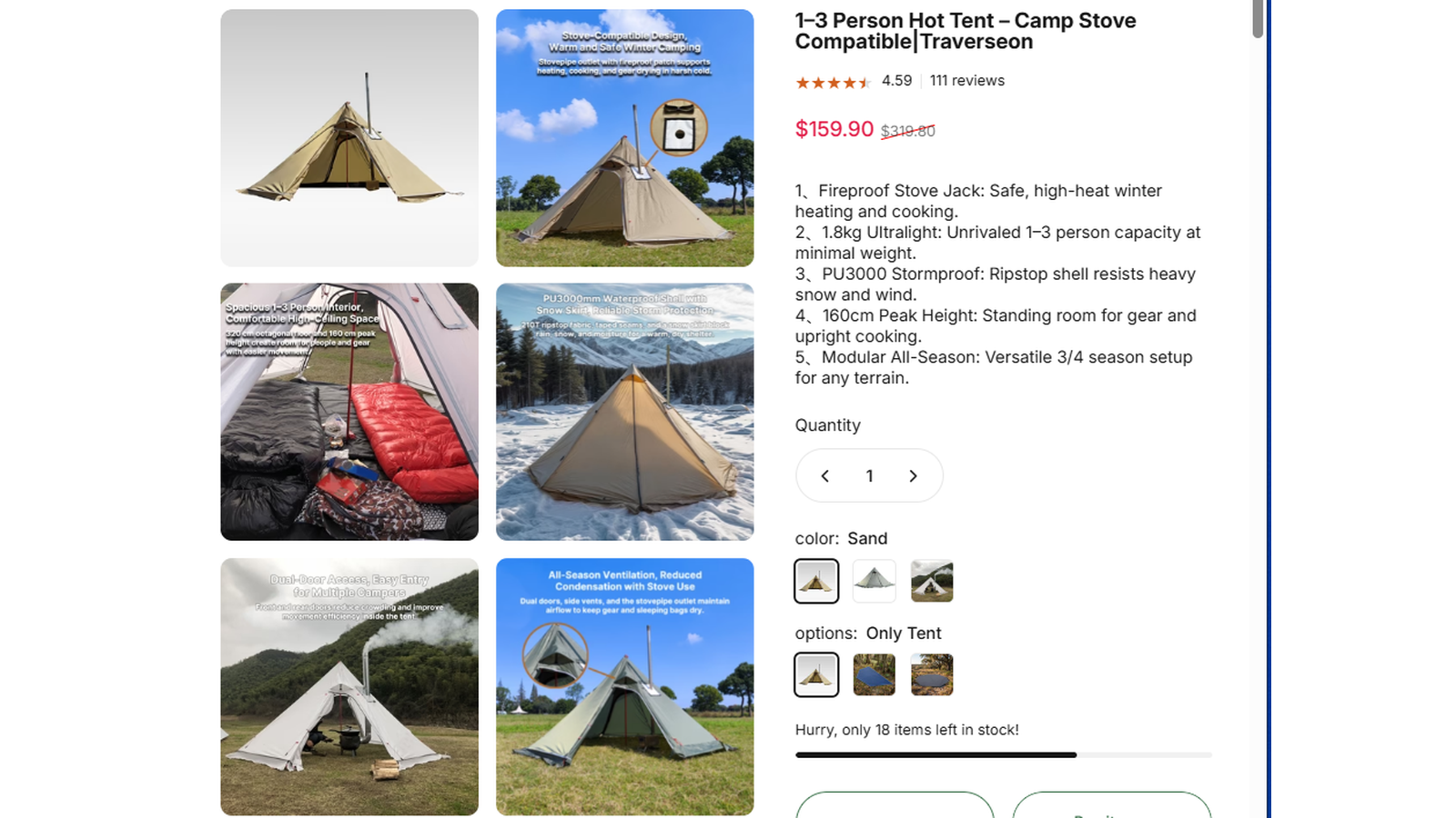 Traverseon 1 to 3 Person Hot Tent sale proof showing $319.80 reduced to $159.90