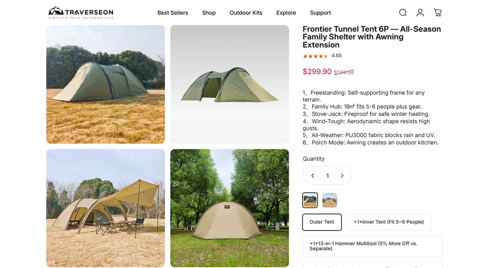 Traverseon Frontier Tunnel Tent 6P sale proof showing $599.88 reduced to $299.90