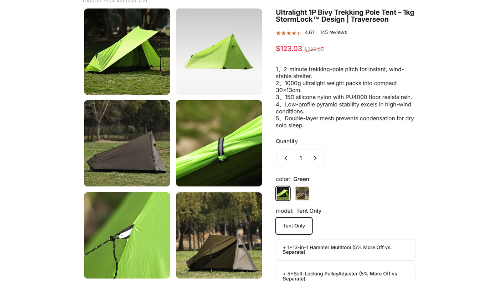 Traverseon Ultralight 1P Bivy Trekking Pole Tent sale proof showing $286 reduced to $123.03