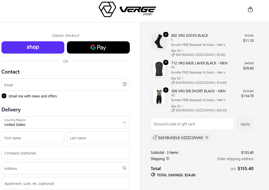 Bib shorts bundle automatic checkout total