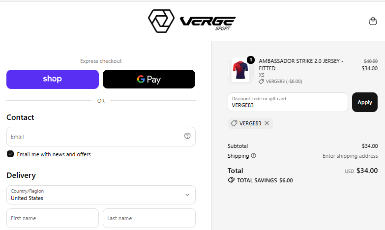 VERGE83 checkout proof for Ambassador Strike 2.0 Jersey