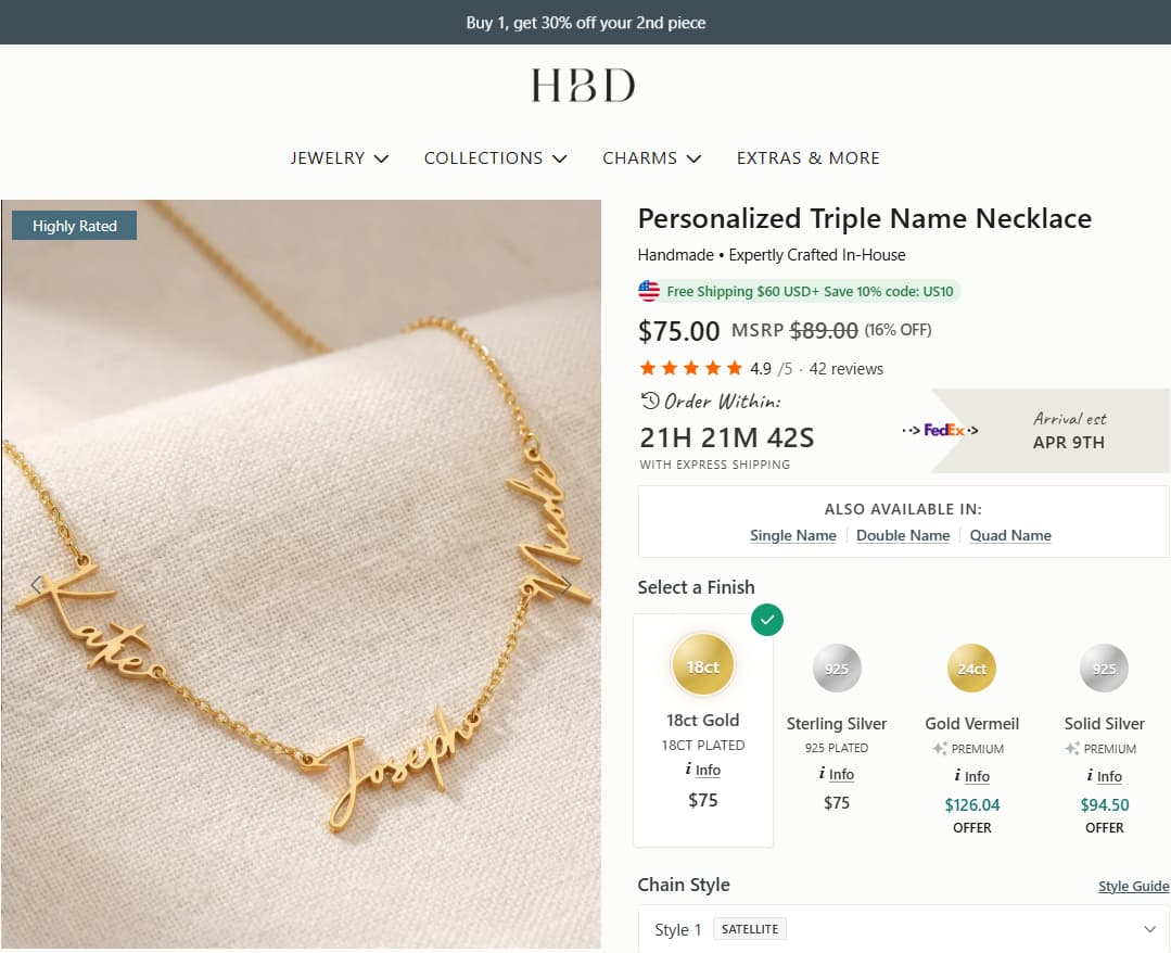 HBD Personalized Triple Name Necklace product page showing current price, reviews, finish options, and a fuller keepsake-style three-name route