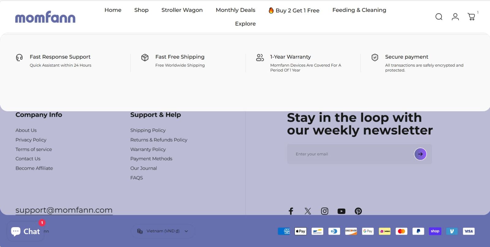 Momfann website footer showing trust and support information including fast response support, free shipping, one-year warranty, secure payment, and policy links.