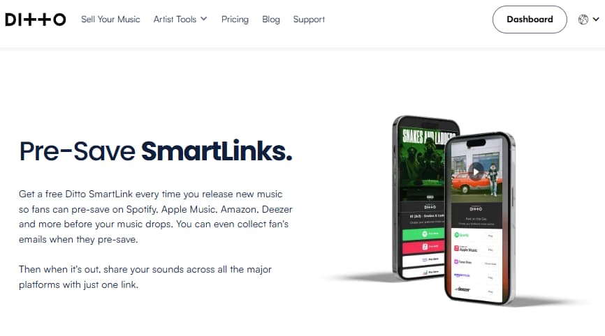 Ditto Music Pre-Save SmartLinks page showing fan email capture and one-link sharing before and after release day
