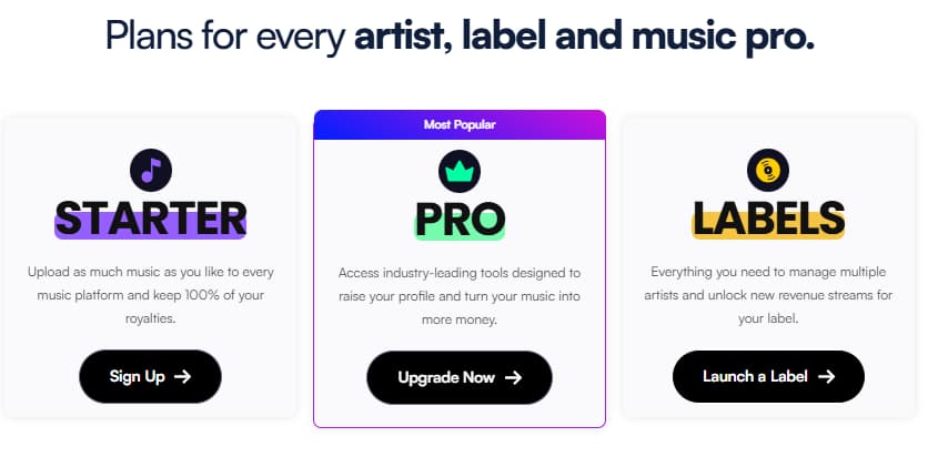 Ditto Music plan overview showing Starter, Pro, and Labels as the three main route choices for different buyer types