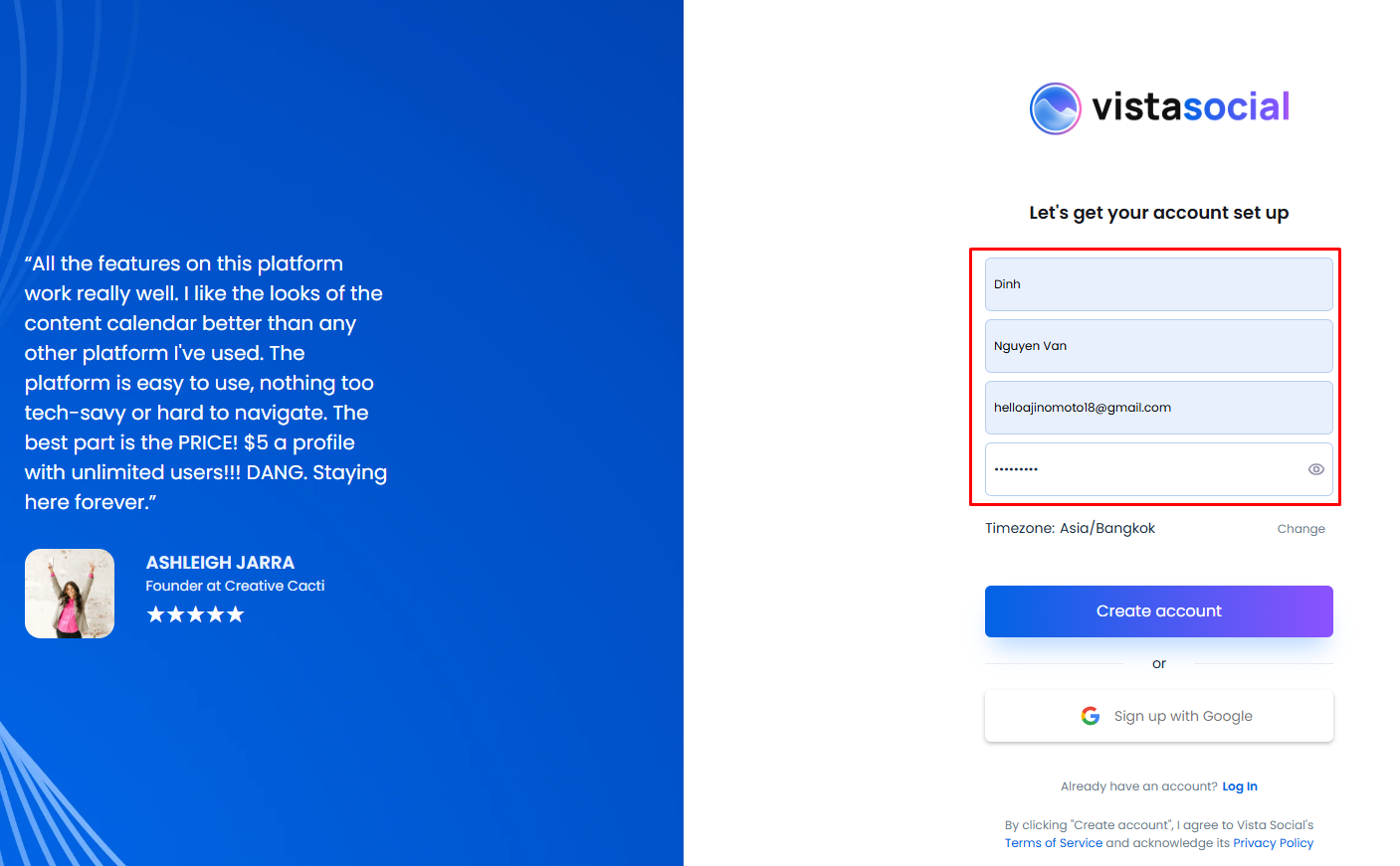 Vista Social account setup screen with name email password and timezone fields