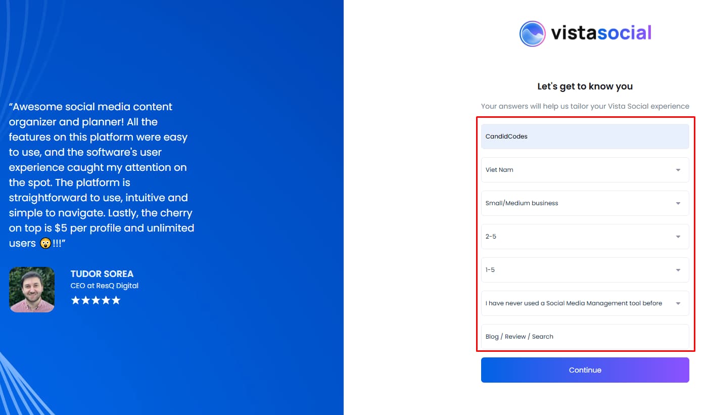 Vista Social onboarding screen asking for business name country and team details
