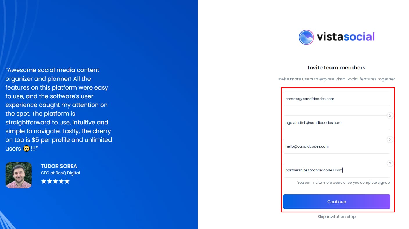 Vista Social invite team members screen during onboarding