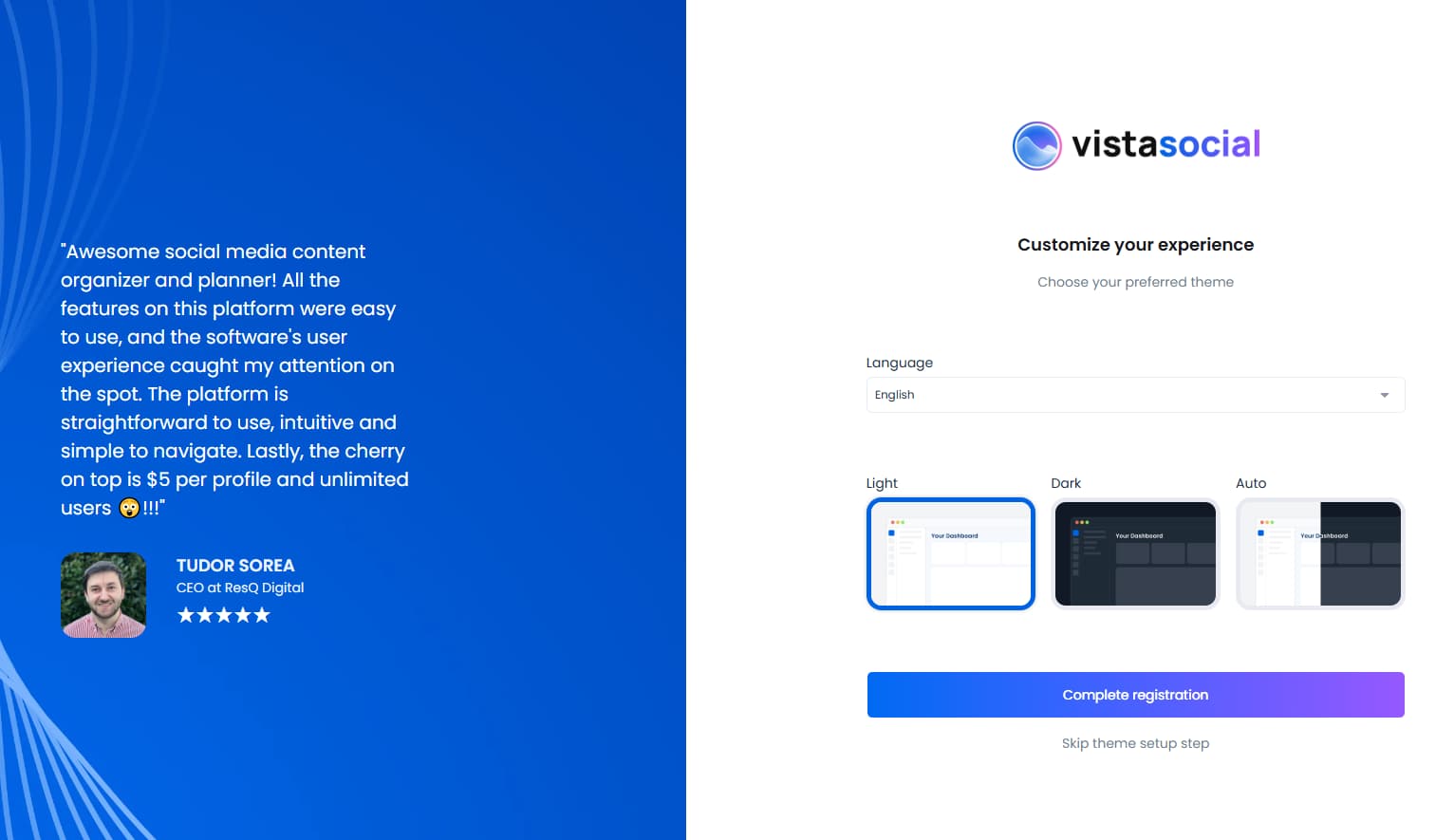 Vista Social theme customization screen with language and light dark mode options