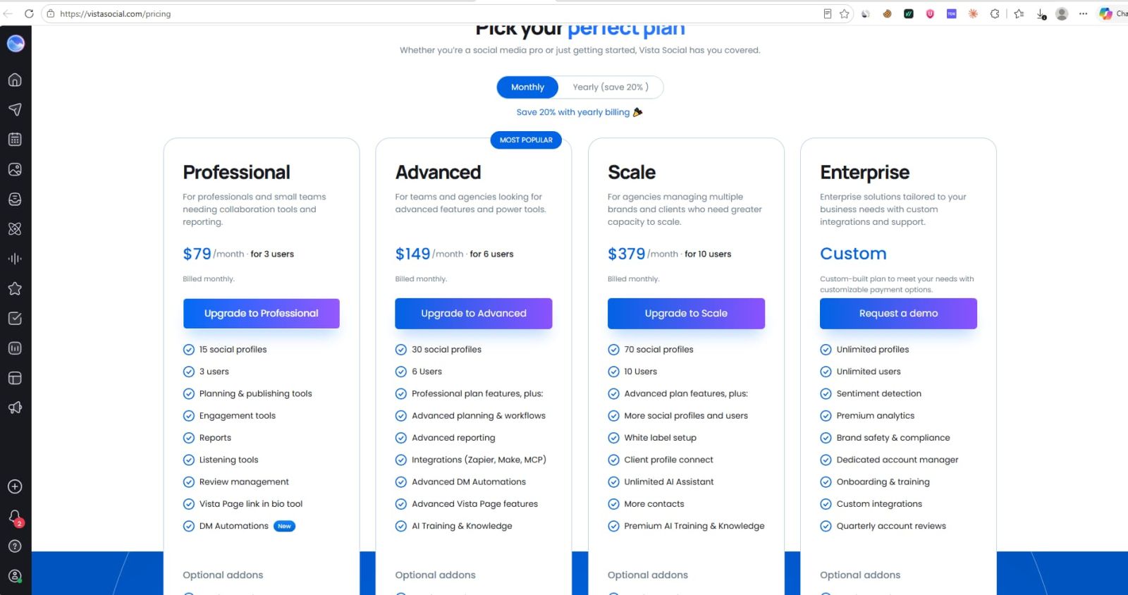 Vista Social pricing page showing Professional Advanced Scale and Enterprise plans