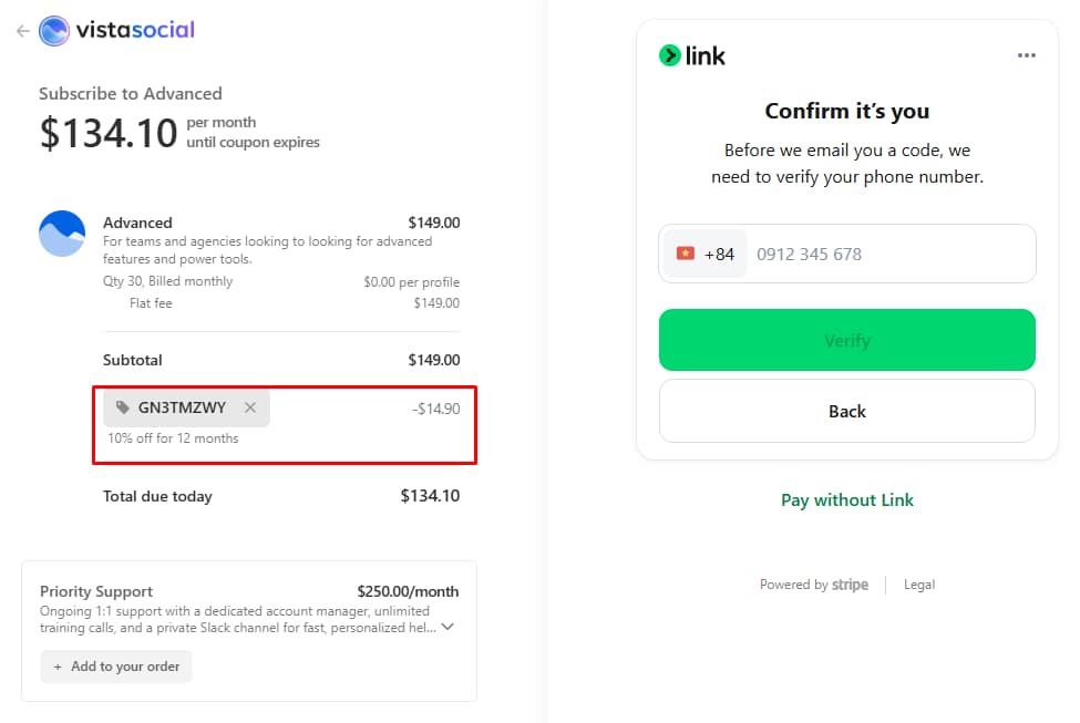 Vista Social coupon code Gn3TMZWy applied at checkout showing 10 percent off for 12 months