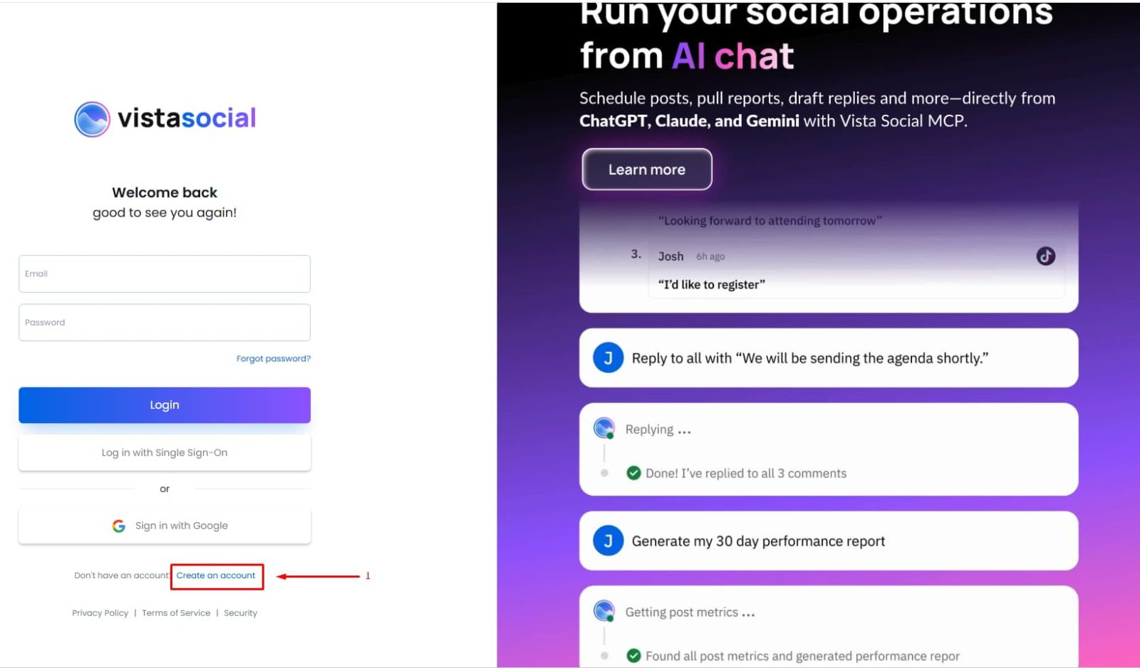 Vista Social login page create account step