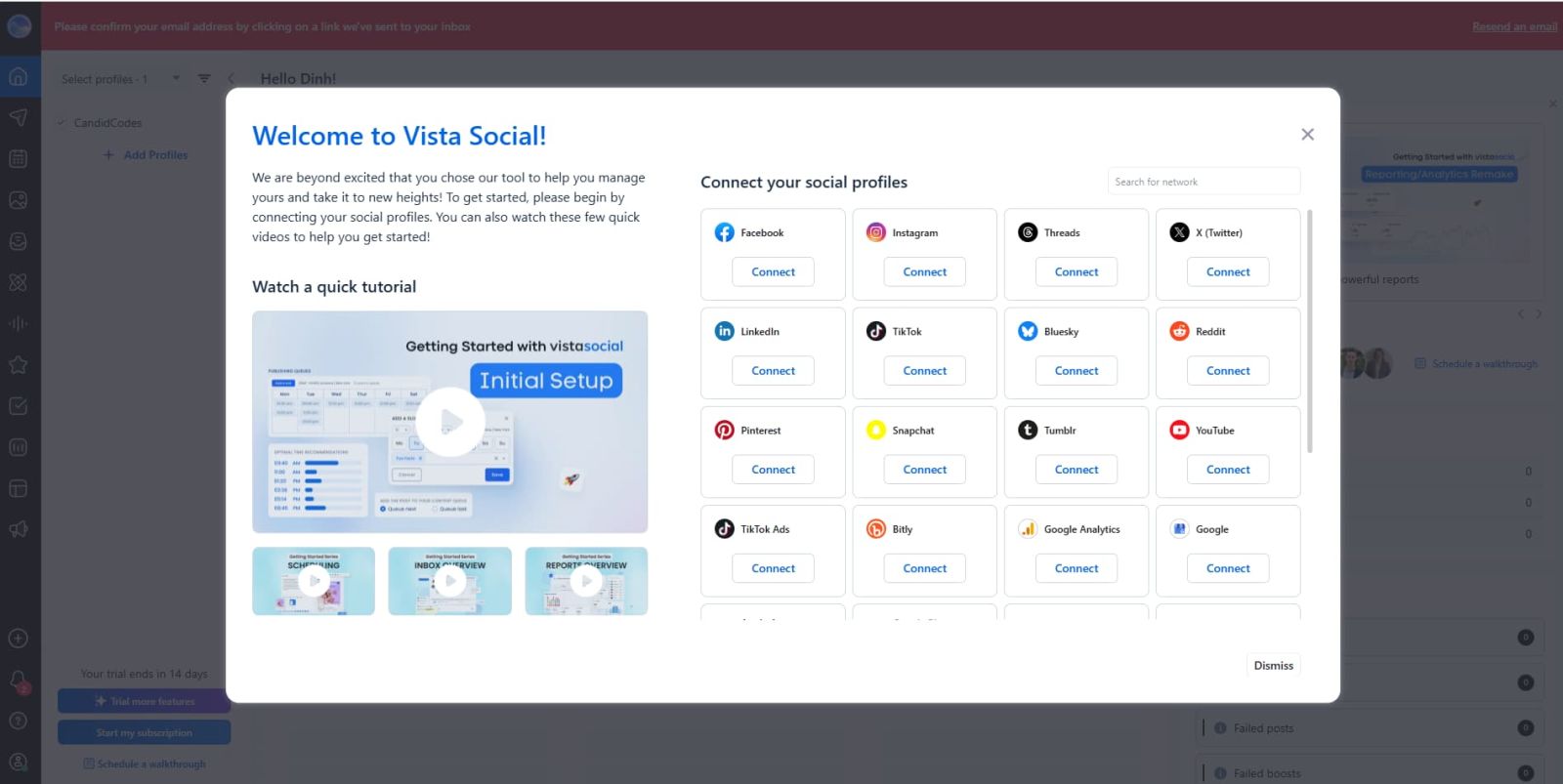 Vista Social dashboard onboarding asking users to connect social profiles