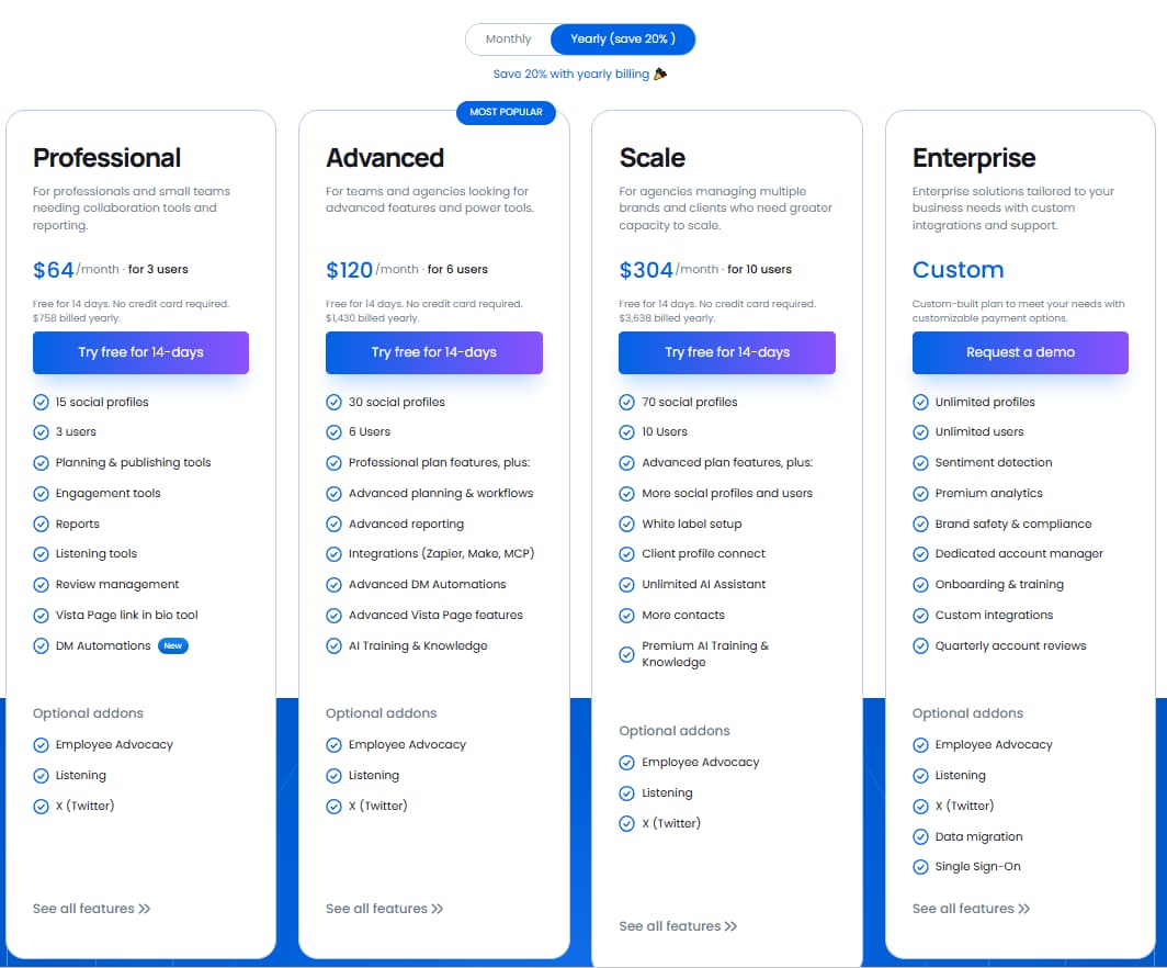 Vista Social official pricing plans 2026 Professional Advanced Scale Enterprise