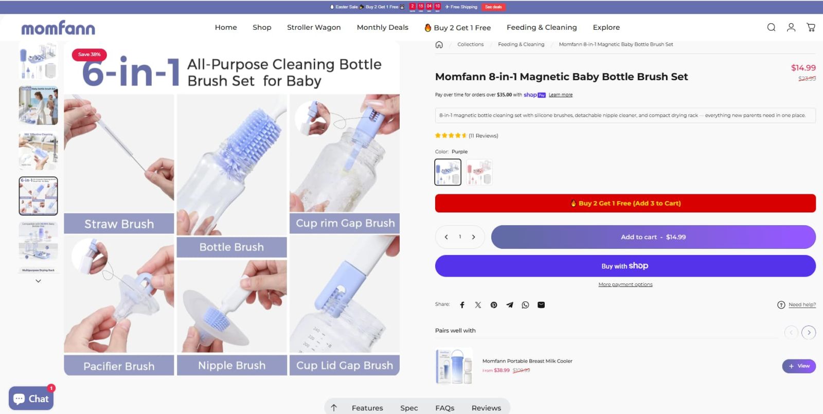 Momfann Magnetic Baby Bottle Brush Set product page showing multiple cleaning brush functions for bottles, straws, nipples, and lids.