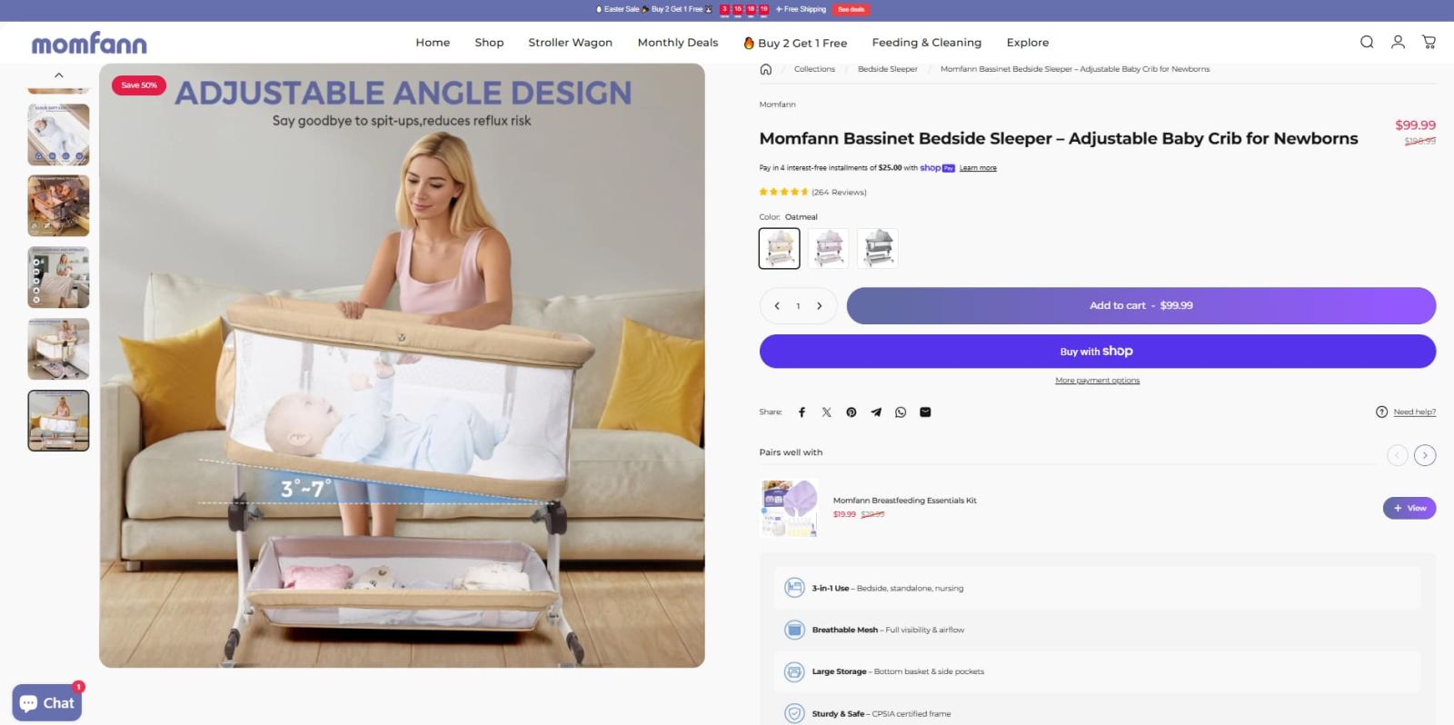 Momfann bedside sleeper with adjustable angle design for newborn nighttime comfort