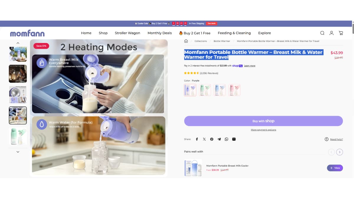Momfann portable bottle warmer showing two heating modes for warming breast milk and formula water