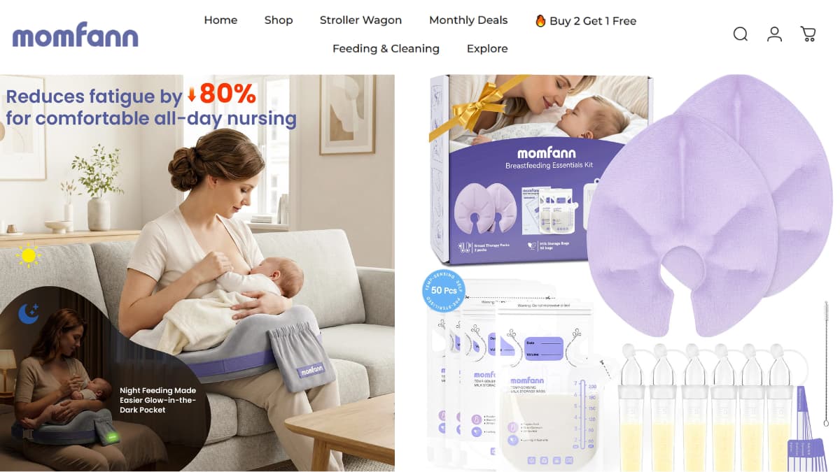Momfann breastfeeding support comparison showing nursing pillow and essentials kit as the first routes to check