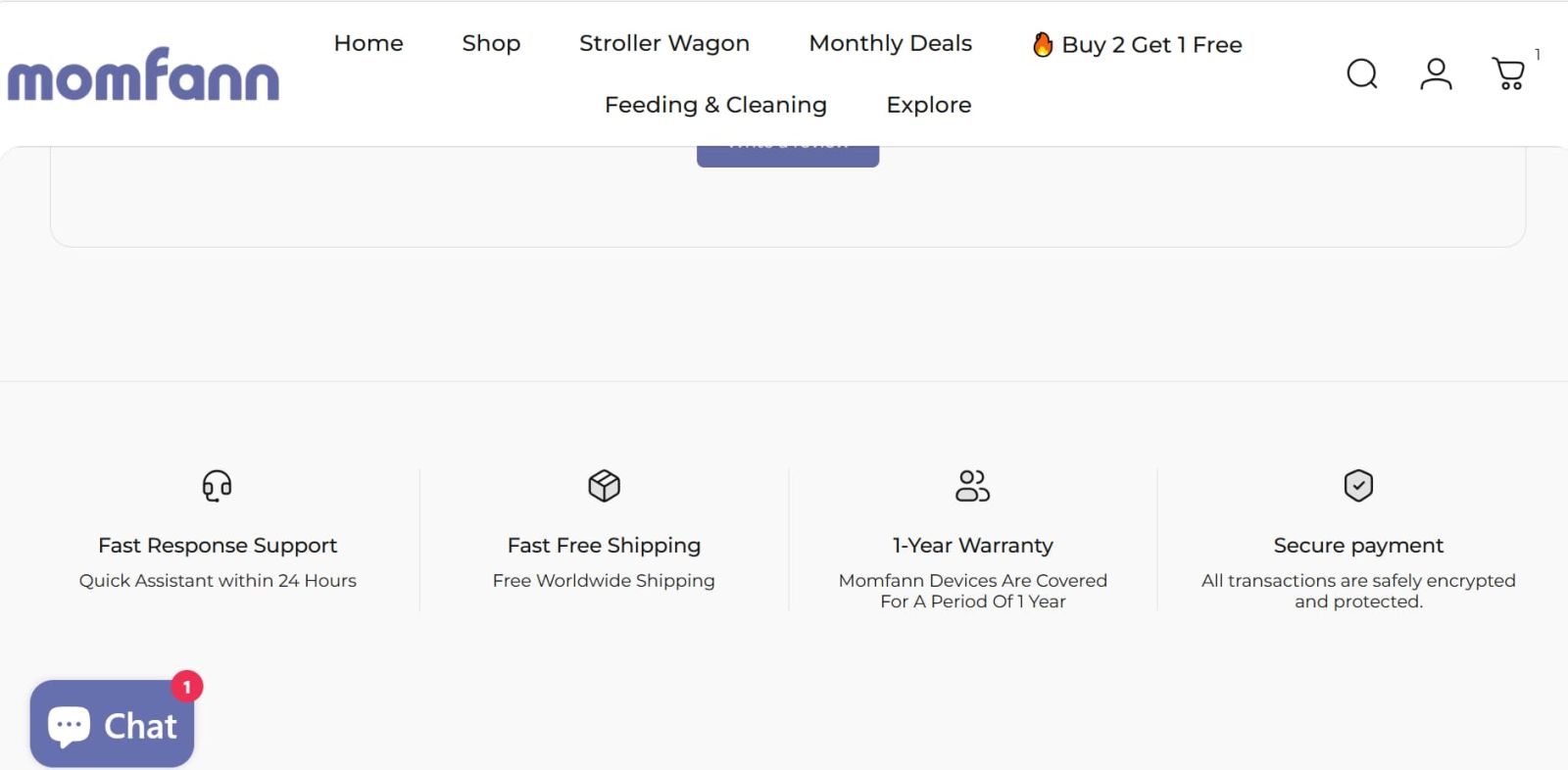 Momfann site trust bar showing fast response support, free worldwide shipping, one-year warranty, and secure payment