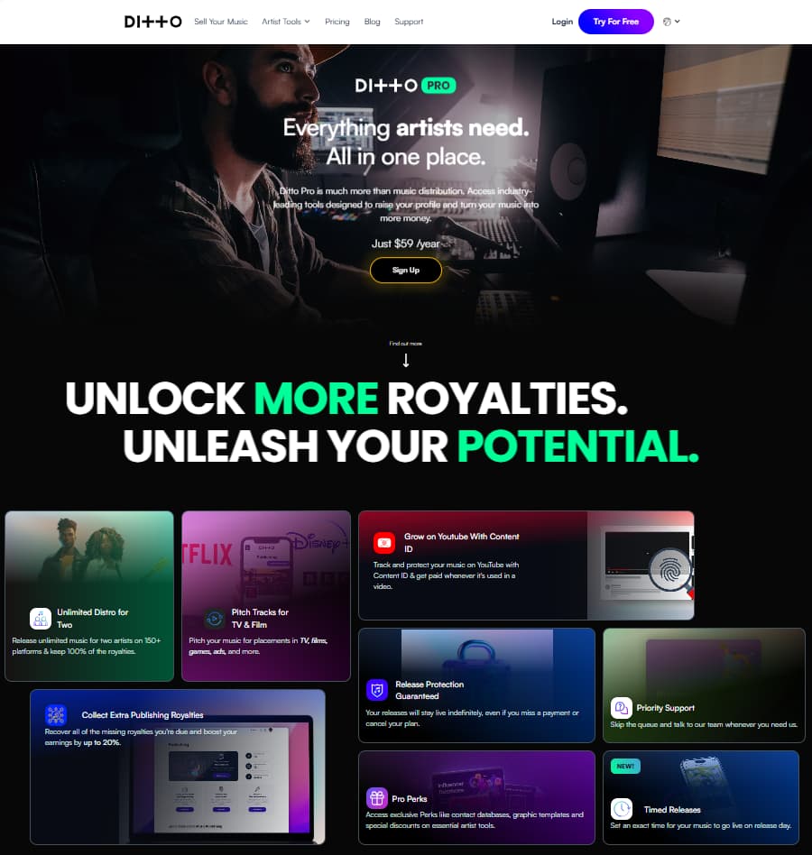 Ditto Pro page showing priority support, expanded artist tools, and upgrade features for growing independent artists