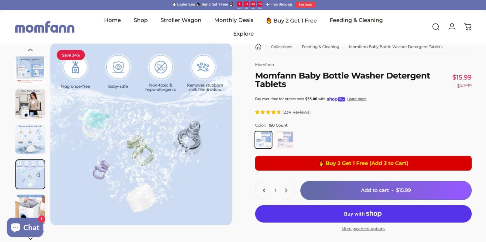 Momfann detergent tablets shown as a simple manual-support bottle cleaning option