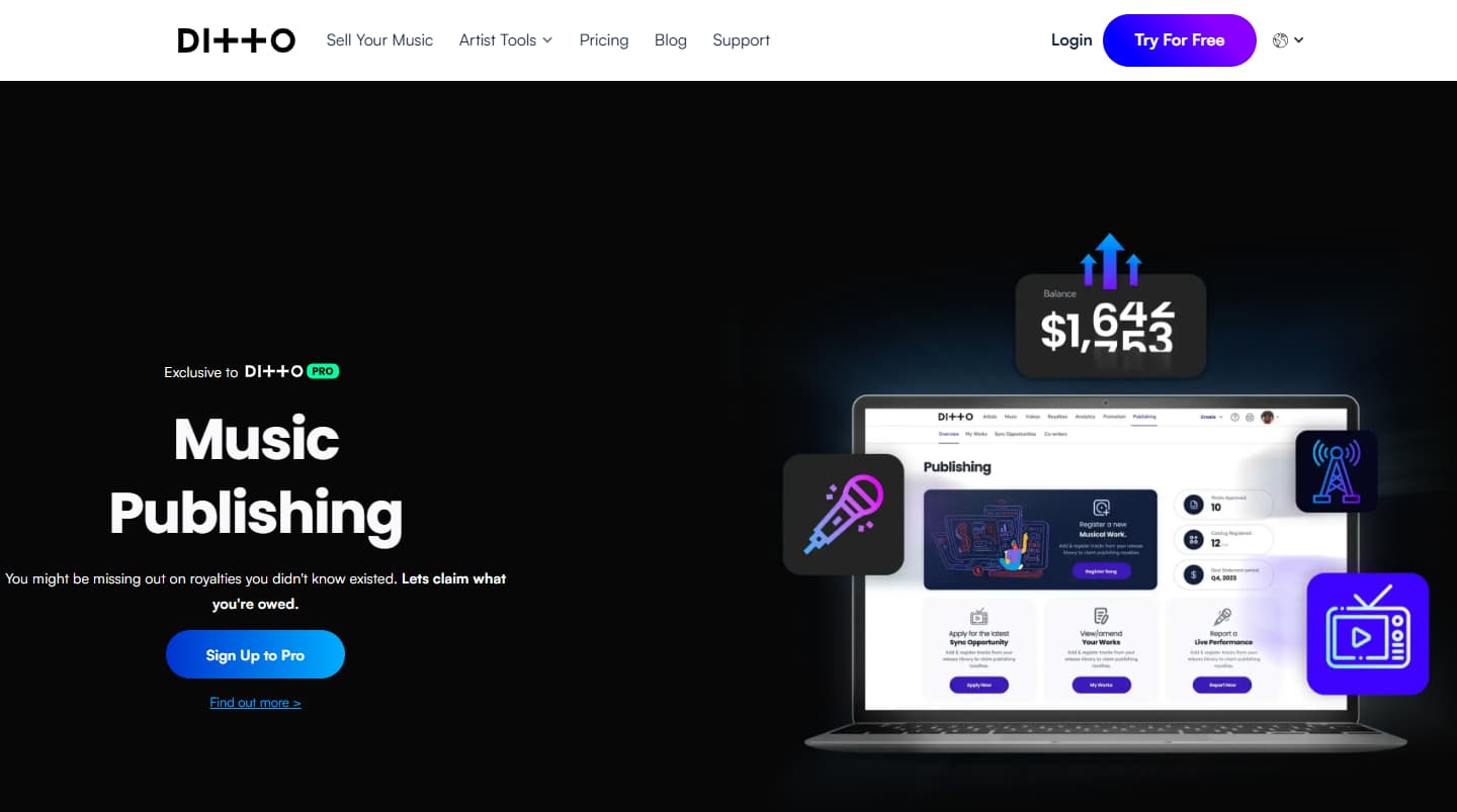 Ditto Music publishing page showing royalty collection tools and music publishing features for independent artists