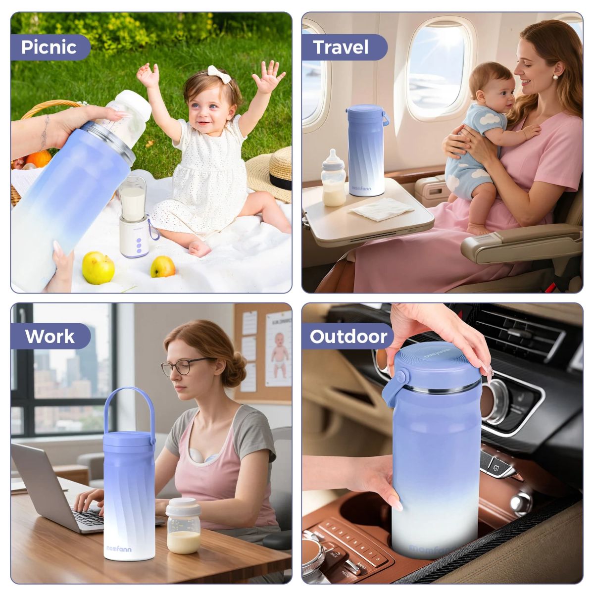Momfann portable breast milk cooler shown in picnic, travel, work, and outdoor feeding scenarios as part of a broader on-the-go feeding routine.