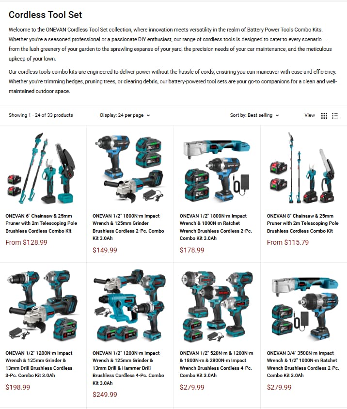 ONEVAN Cordless Tool Set collection for combo kits and multi-tool project bundles