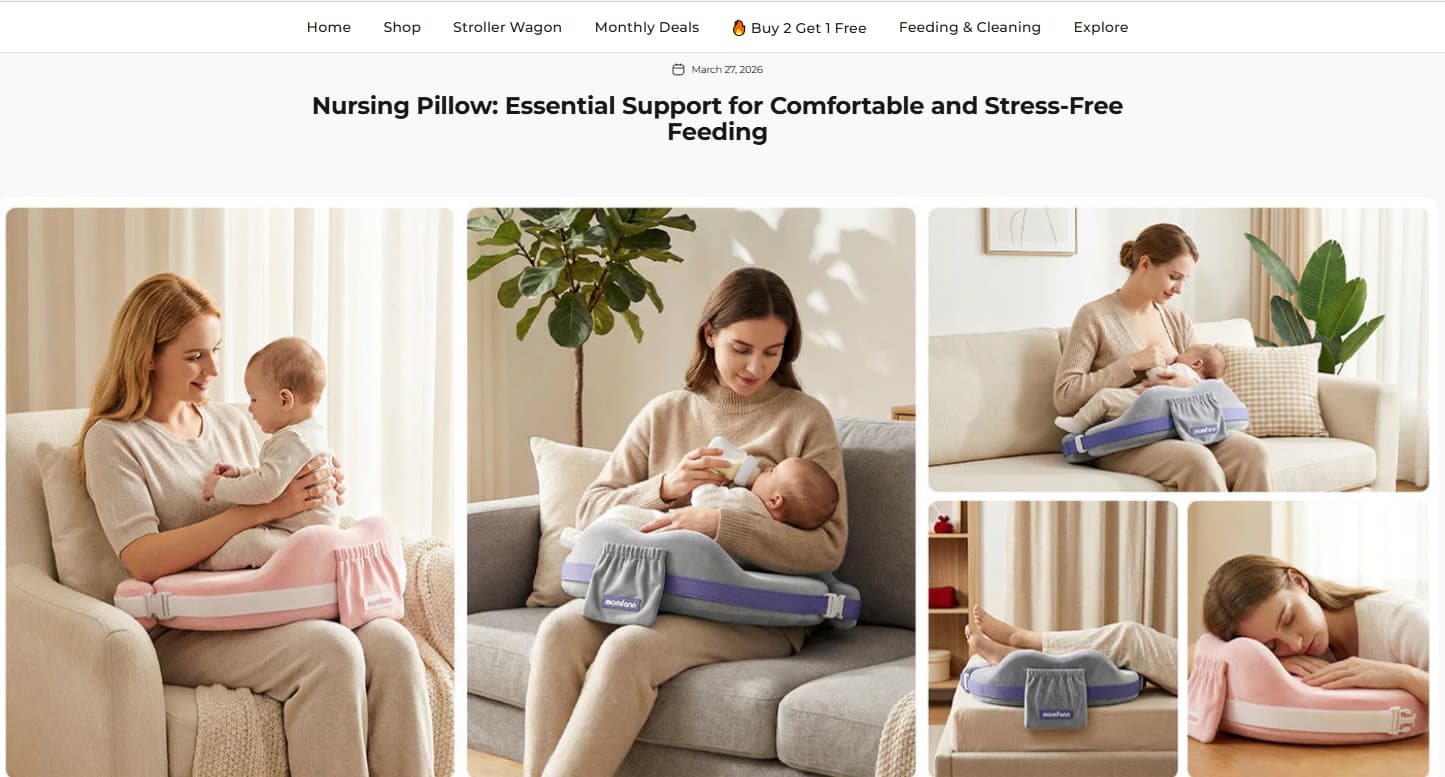 Momfann nursing pillow shown as a support tool that helps reduce feeding discomfort
