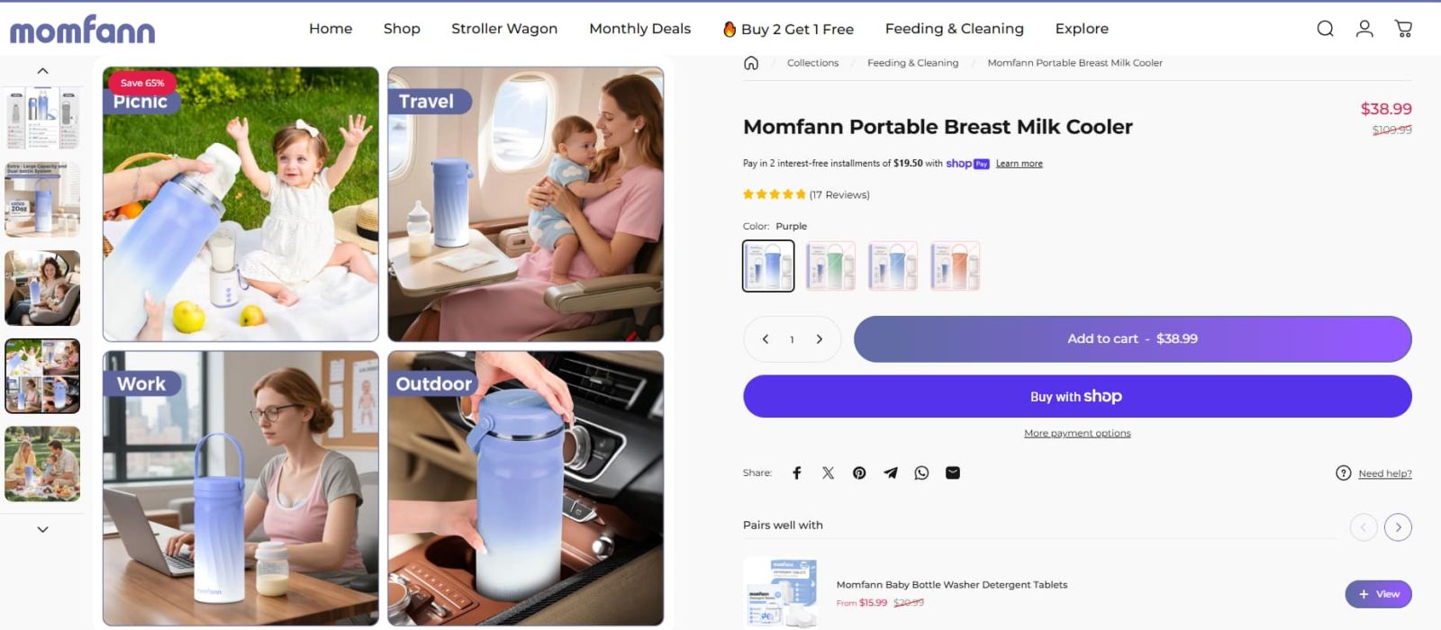Momfann portable breast milk cooler shown in real-life picnic, travel, work, and outdoor use scenarios, with visible 24-hour cooling, dual-bottle capacity, and no-ice-needed features.