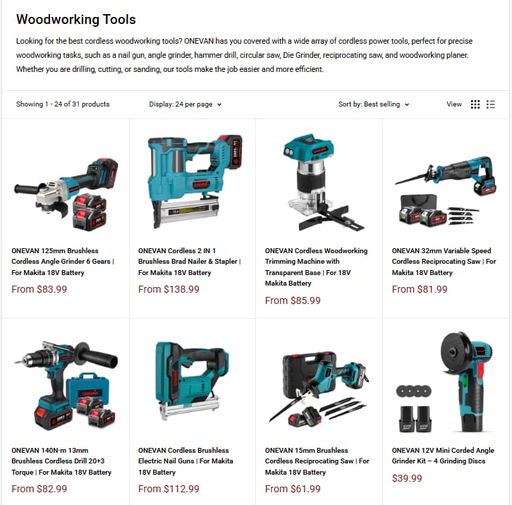 ONEVAN Woodworking Tools collection for nailers, trimming tools, saws, and workshop projects