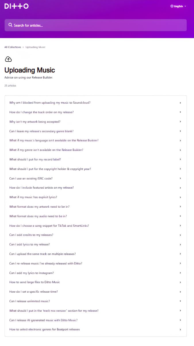 Ditto Music Uploading Music support page showing release builder help for artwork, audio format, featured artists, lyrics, credits, TikTok snippets, and release timing