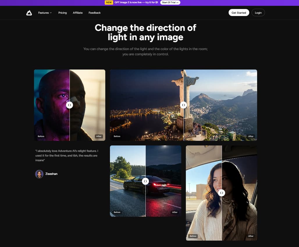 Adventure AI Relight editing tool for improving lighting and creator visuals