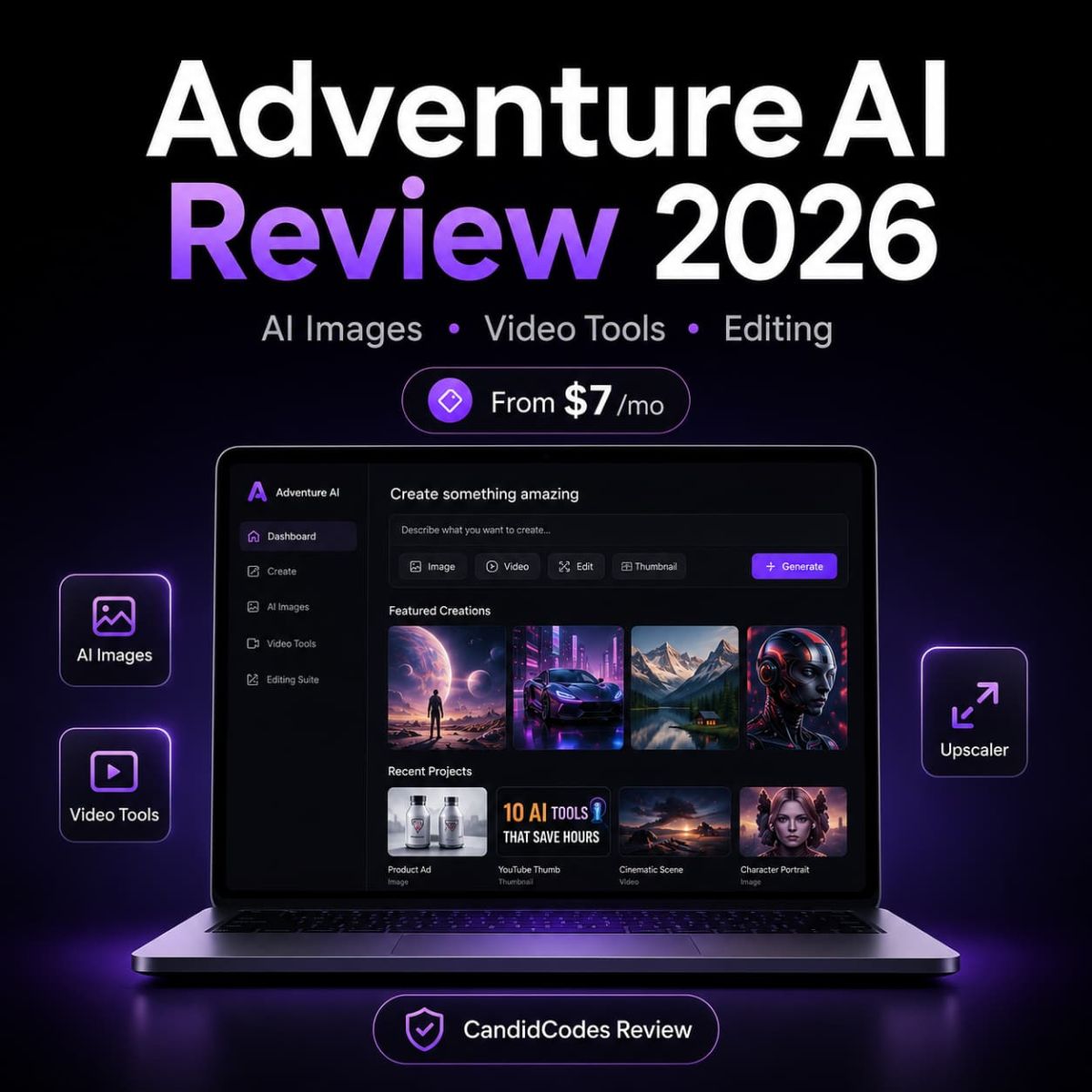 Adventure AI Review 2026 pricing AI image generator video editing thumbnails and creator tools
