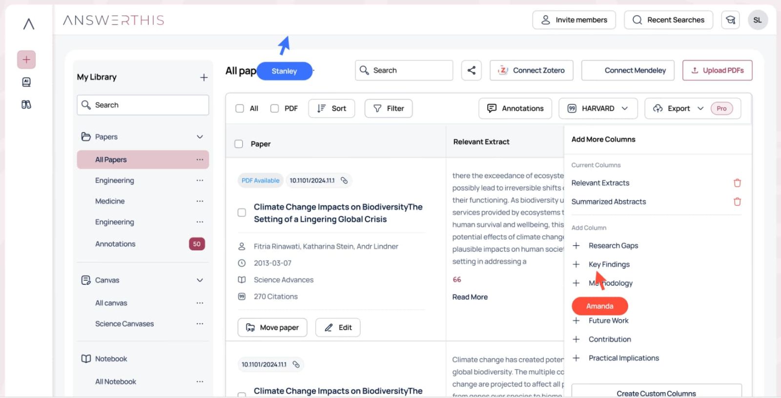 AnswerThis research library export evidence tables shared projects and team workflow
